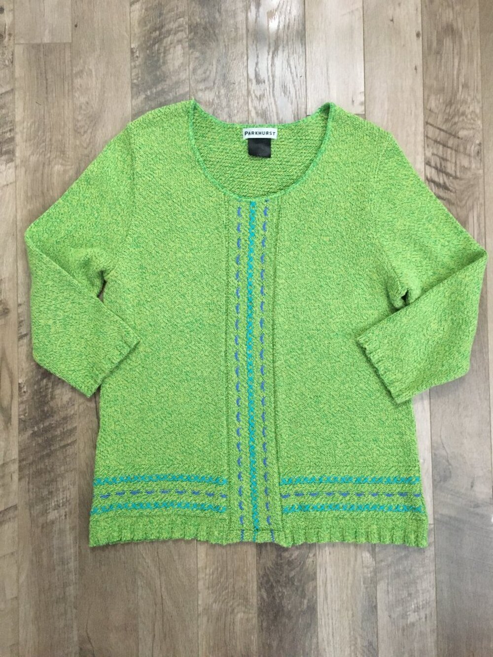 Vintage 90s Parkhurst Lime Green Knit Stitchwork Cotton Blend Sweater L - Picture 11 of 16